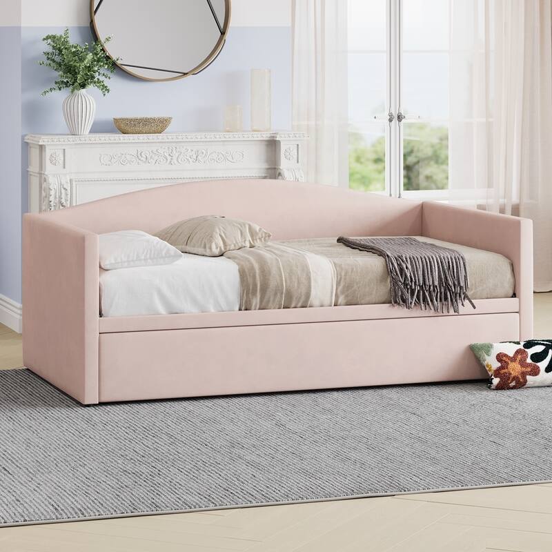Upholstered Twin Size Daybed with Extended Pop Up Trundle