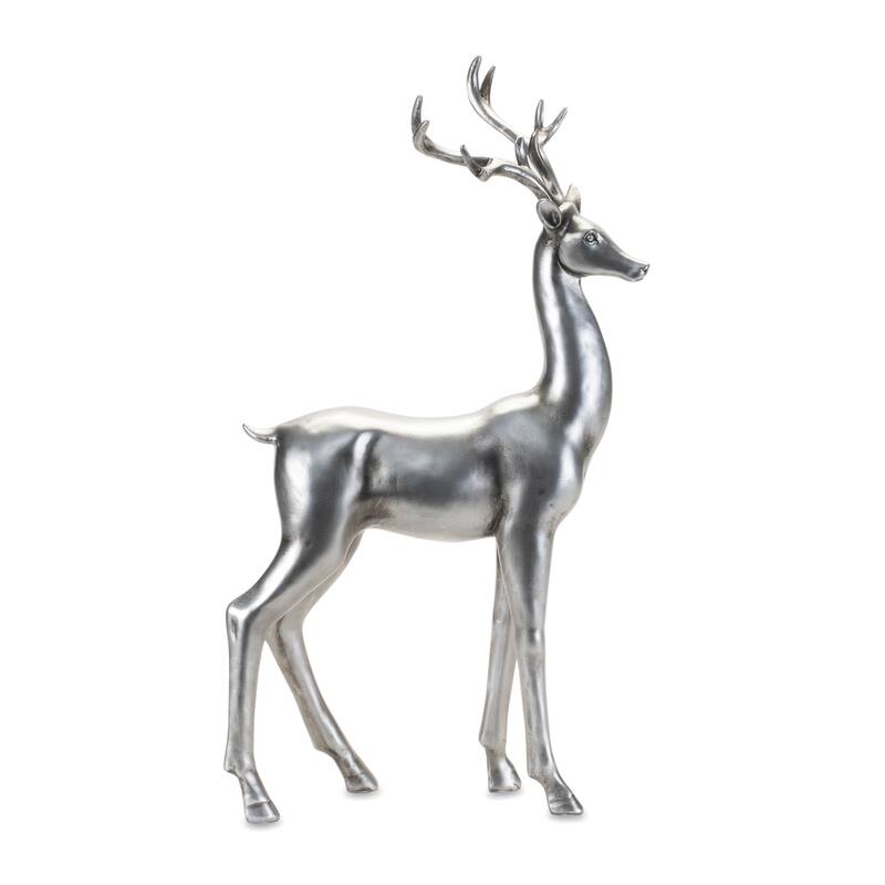 Set of 2 Silver Metallic Deer Figurines for Christmas Decor with Standing and Laying Holiday Accents - 9.5”L x 6”W x 17”H