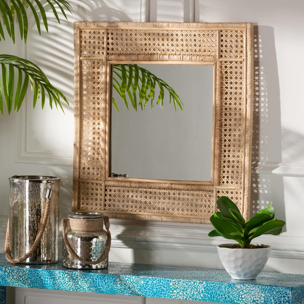 Josepha Modern Bohemian Natural Brown Rattan Accent Wall Mirror - Natural Brown