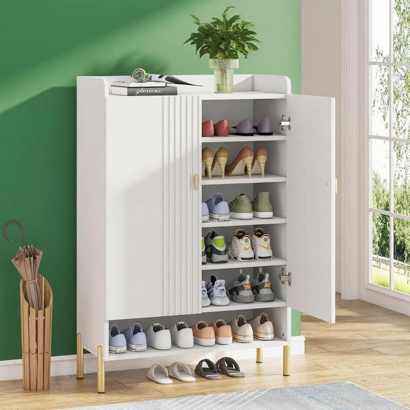 White and Gold 6-Tier Shoe Cabinet with Adjustable Shelves for Entryway or Bedroom Storage - 29.5" W x 13.8" D x 43.3" H