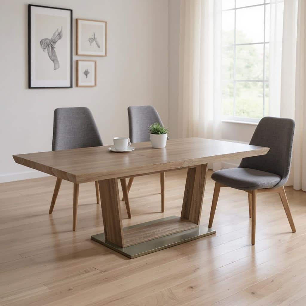 HomeRoots 71" Gray Wood and Metal Self-Storing Leaf Pedestal Base Extendable Dining Table - 71.00 in. x 30.00 in. x 42.00 in.