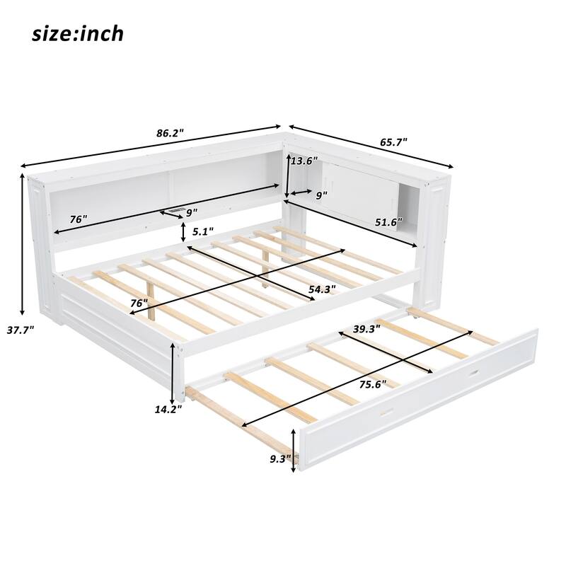 Full Size Daybed with Storage Shelves, USB Charging, LED Lights, and Twin Trundle (600lb Capacity)