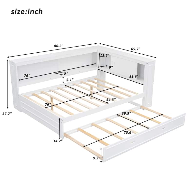 Full Size Wood Daybed with Storage Shelves, USB, LED, Trundle