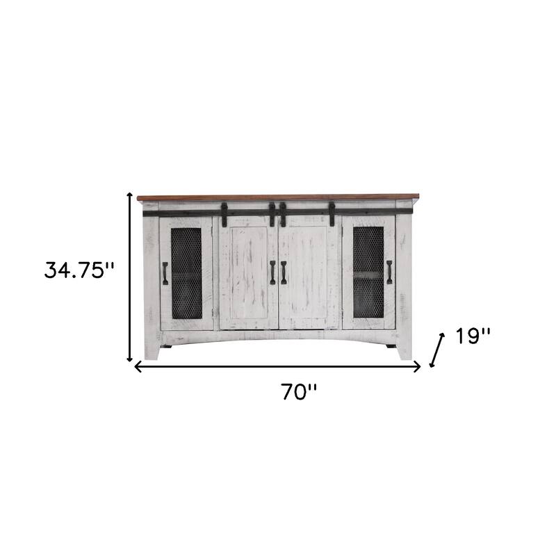 HomeRoots 70" White Solid Wood Cabinet Enclosed Storage Distressed TV Stand - 70' X '34.75' X '19