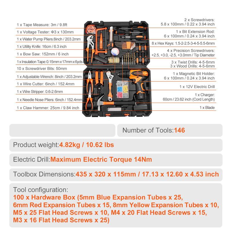 146 Piece Portable General Steel Household Hand Tool Set with Comfortable Grip - 17.13 x 12.60 x 4.53 inch