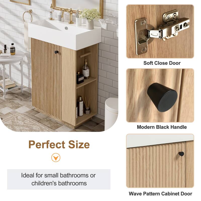 Bathroom Vanity Freestanding Wavy Door Storage Cabinet with Tissue Holder, Side Compartments and Soft-Close Design