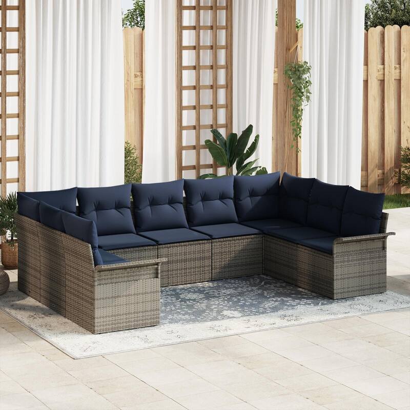 vidaXL 9/10 Garden Sofa Set with Cushions Black/Brown/Grey Poly Rattan - 113.8 x 73.8 x 27.2 - Grey without table