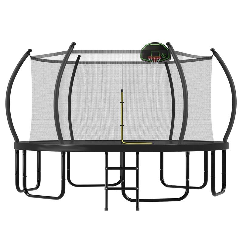 16FT Trampoline with Basketball Hoop for Kids and Adults, Round Outdoor Trampoline with Enclosure Net & Curved Poles & Ladder