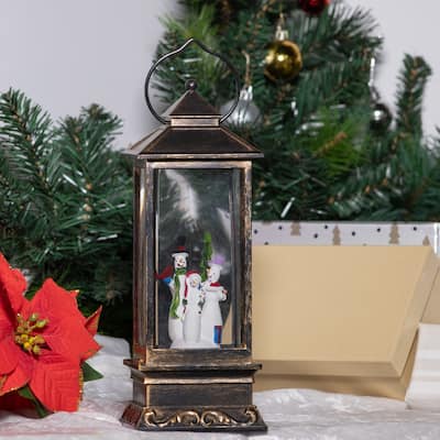 Alpine Corporation 11"H Indoor Lantern Snowman Snow Globe Holiday Decoration with LED Light, Bronze