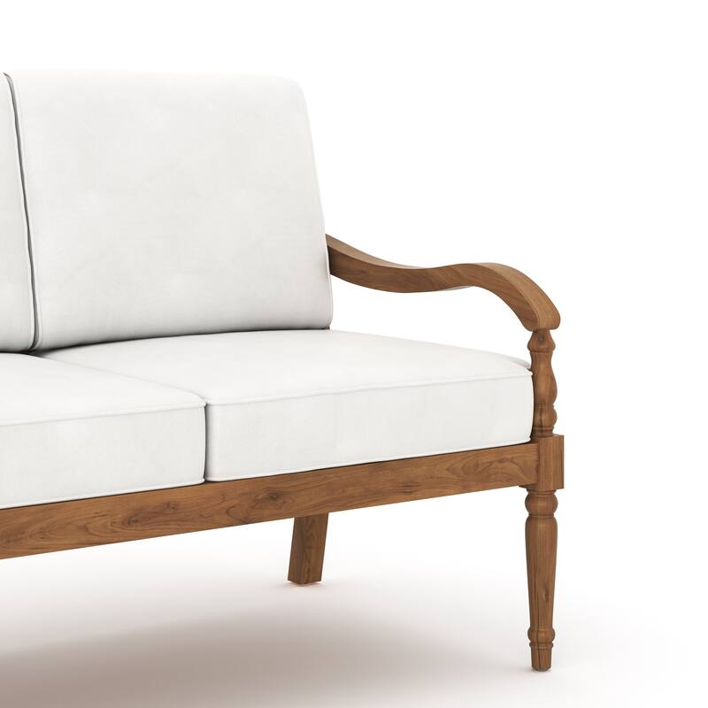 Pena Outdoor Sofa, White Linen Cushions, 76 Inch Brown Acacia Wood