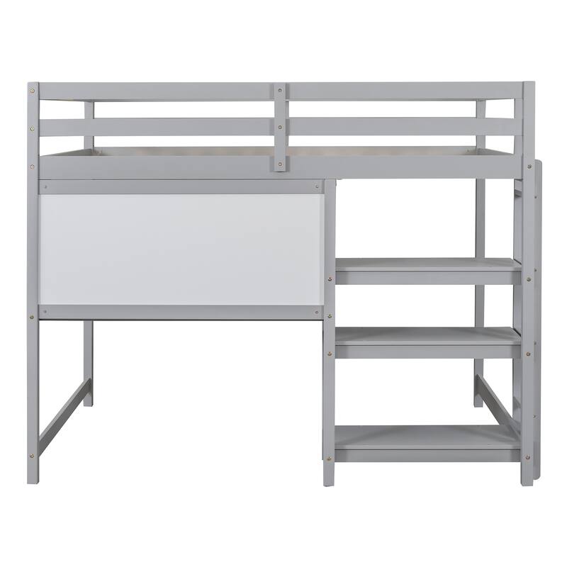 Full Size Wooden Loft Bed with Desk, Shelves, and Writing Board
