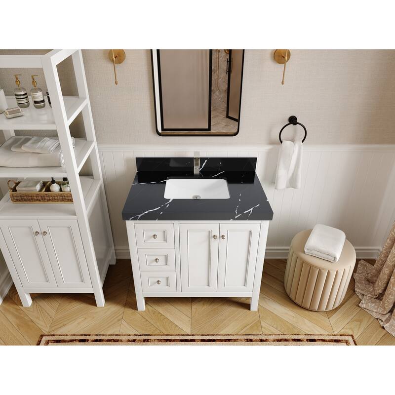 Willow Collections 36 in. W x 22 in. D Nashville Center Right Sink Bathroom Vanity with Countertop - 2"Calacatta Black - White