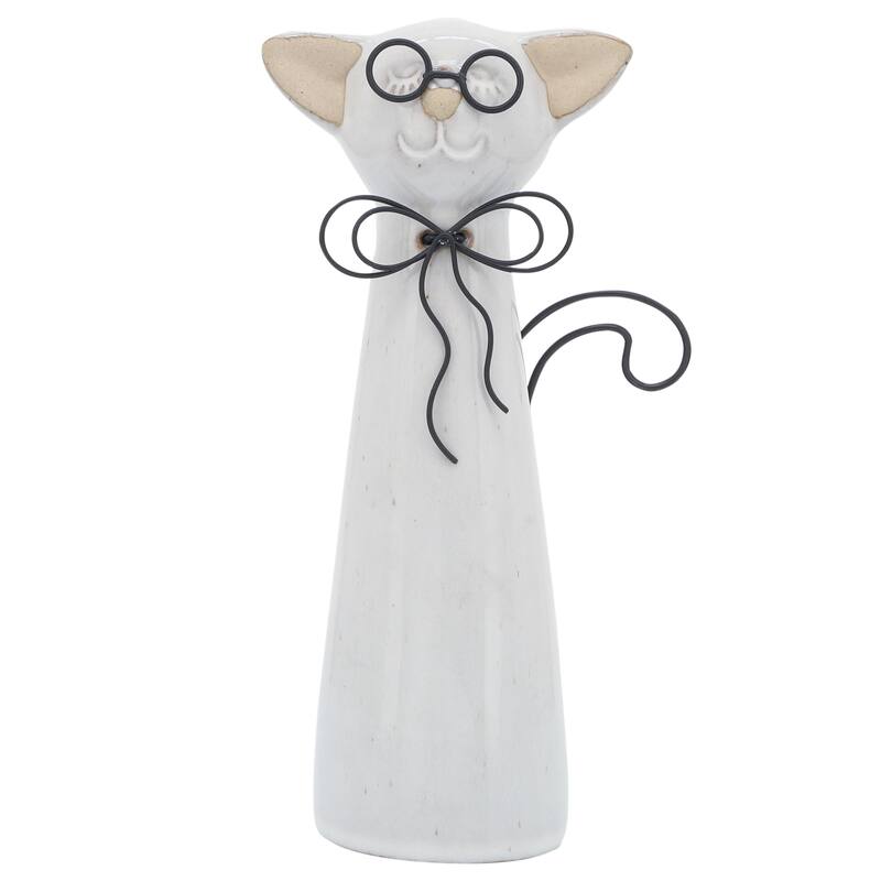 Sagebrook Home Modern Neutral Ceramic Cat with Glasses Figurine