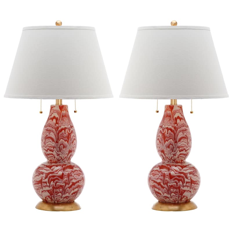 SAFAVIEH Lighting Sebrina 29-inch Navy And White Color Swirls Glass Table Lamp (Set of 2) - 17"x17"x28" - 17Wx17Dx28H