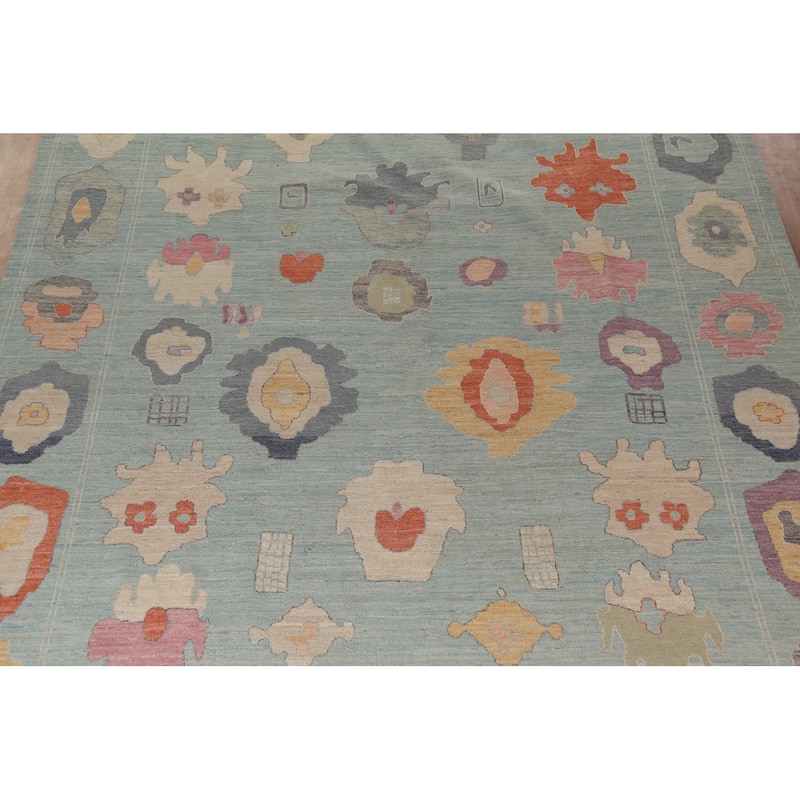 Light Blue Oushak Turkish Large Rug Handmade Vegetable Dye Wool Carpet - 10'3"x 14'0"