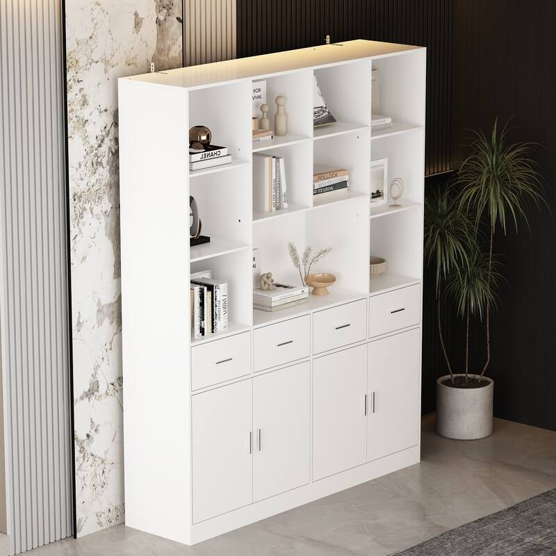 78.7" Large Bookcase,4 door, 4 drawer with Display Storage Shelves - 78.7"H x 63"W