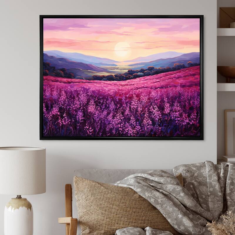 Designart "Bloomed Flower Horizons At Sunset I" Flower Framed Wall Art Prints - 44 in. wide x 34 in. high - Black