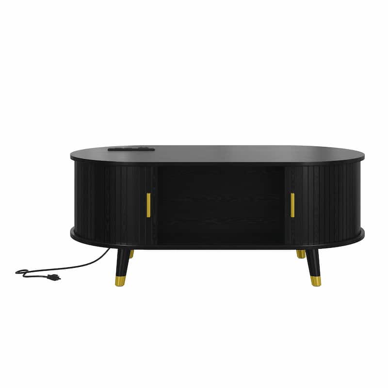 42.5"W Wooden Oval Fluted Coffee Table with Charging Station