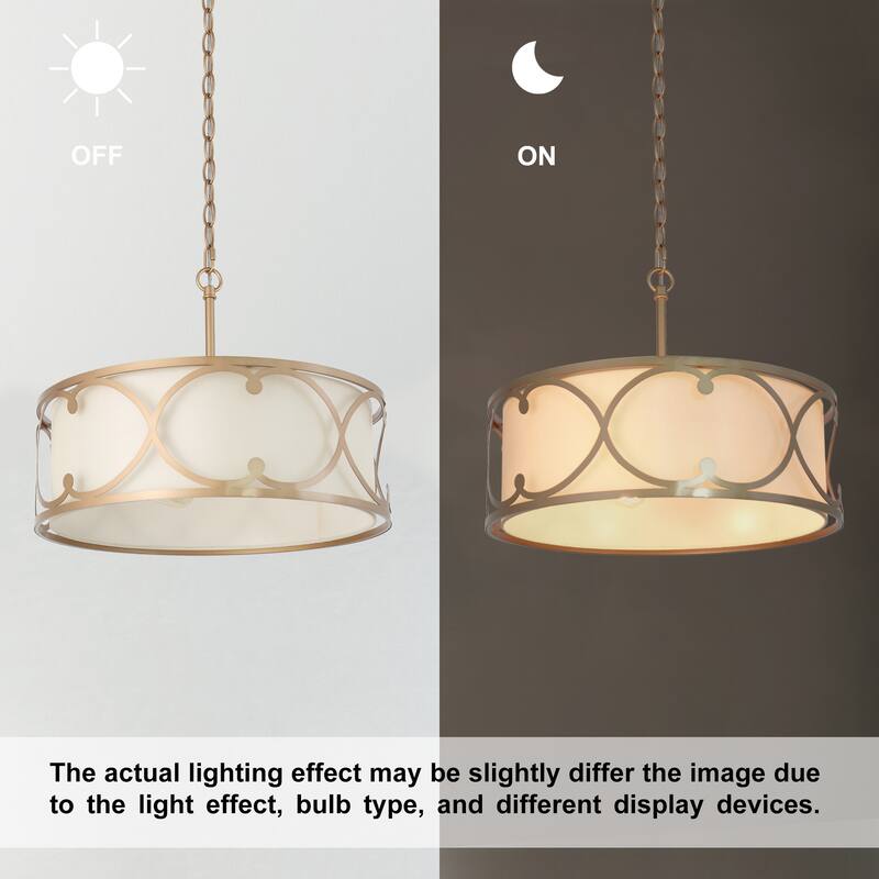 Modern Farmhouse 3-light Dining Drum Chandelier Pendant Lights with Fabric Shade - D17.5"x H 14"
