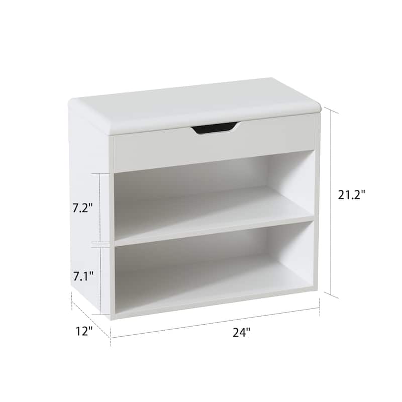Timechee 24" White Entryway Shoe Storage Bench w/ Open Shelf (6 Pairs)
