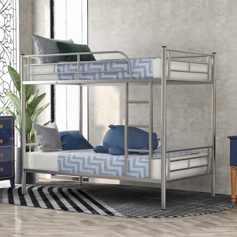 Twin over Twin Metal Bunk Bed with Built-in Ladder