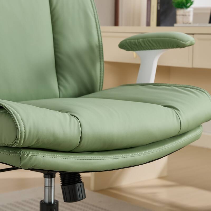 Green Leather Office Chair with Crossed Legs and Flip-Up Armrests