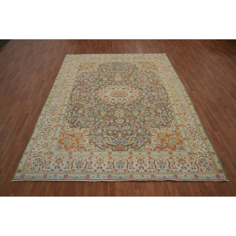 Hand Knotted Oriental 100% Wool Carpet Traditional Floral Greys & Charcoal Kerman Area Rug - 10' 10'' X 8' 1''