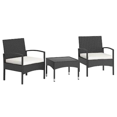 3 Piece Black PE Rattan Patio Set with Beige Cushions Table and 2 Chairs - 20” x 20” x 15”