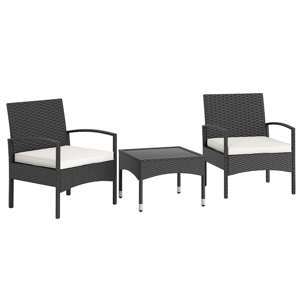 3 Piece Black PE Rattan Patio Set with Beige Cushions Table and 2 Chairs - 20” x 20” x 15”