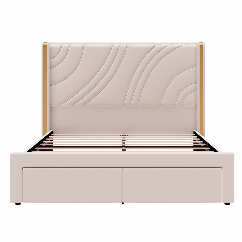 Queen Size Modern Upholstered LED Bed Frame with Storage Drawers