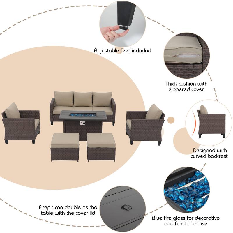 Outdoor 6 Pieces Wicker Sectional Sofa Set with Fire Pit Table