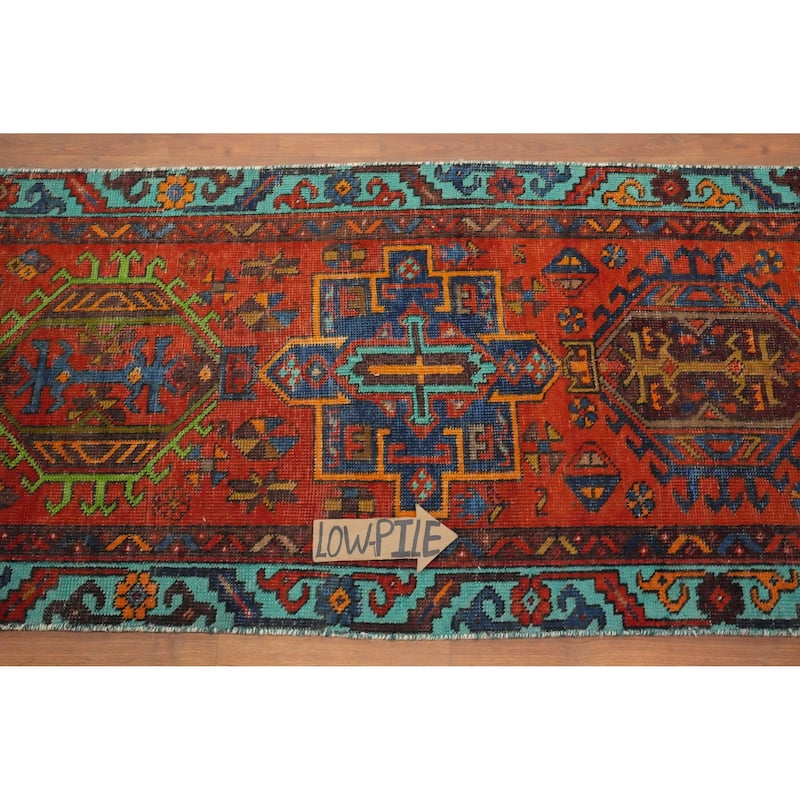 Hand Knotted Oriental 100% Wool Carpet Traditional Geometric Oranges & Rust Heriz Runner Rug - 10' 6'' X 2' 7''