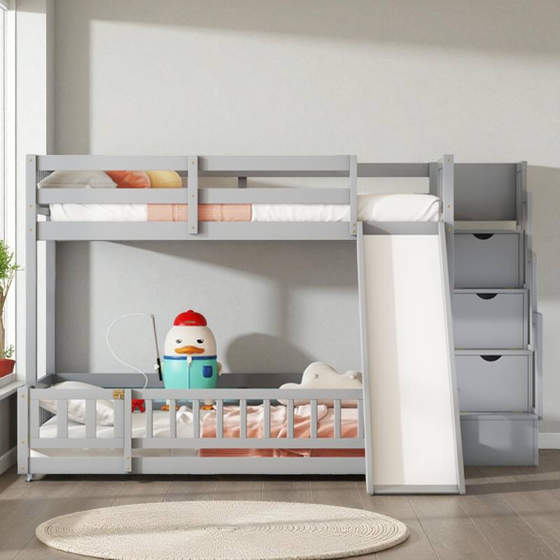 Twin Over Full Bunk Bed with Slide and Storage Staircase, Solid Pine Wood Frame with Guardrails and Drawers - Grey - Full