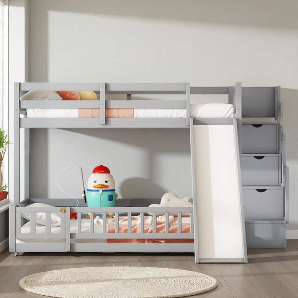Twin Over Full Bunk Bed with Slide and Storage Staircase, Solid Pine Wood Frame with Guardrails and Drawers