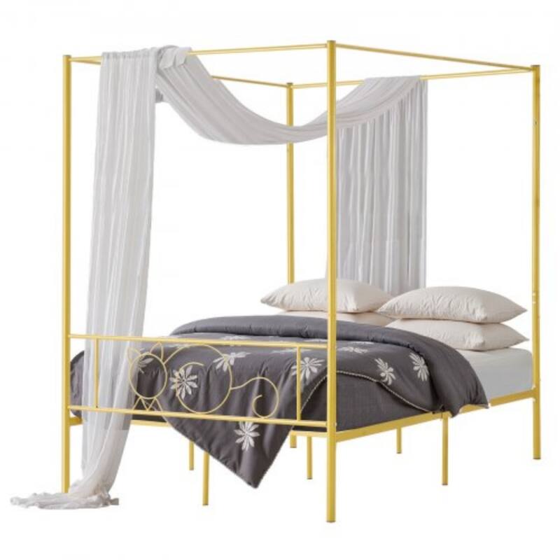 Gold Metal Full Canopy Bed Frame with Storage and DIY Decoration Rails