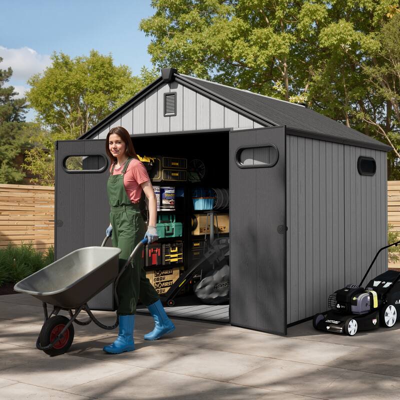 8' x 8' / 8' x 10'/ 8' x 12' Outdoor Storage Shed with Lockable Double Doors for Garden, Backyard, Patio - 8' x 10' - Light Grey