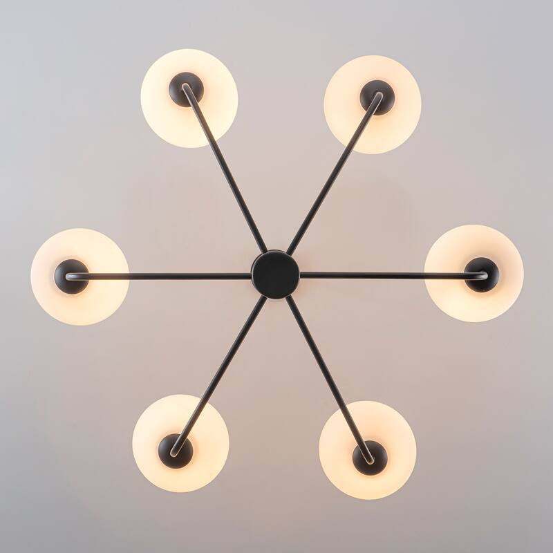 6-Light Black/Gold Modern Large Sputnik Chandelier with Opal Glass Globe