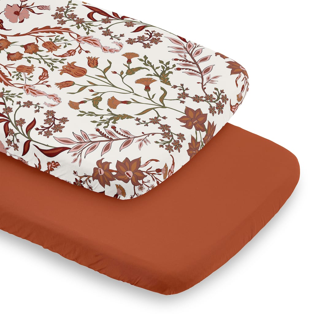 Sweet Jojo Designs Ivory & Orange Boho Vintage Floral Girl 2 Pack Baby Bassinet Fitted Sheets - Solid Rust & Bohemian Wildflower