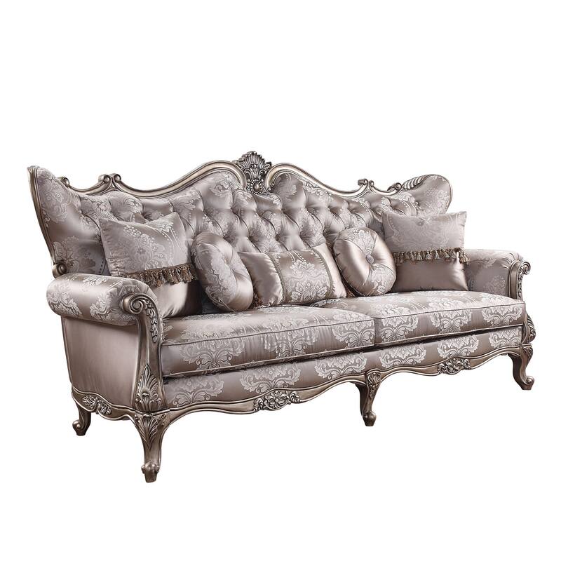 HomeRoots 94" Dark Gray Imitation Silk Damask Sofa And Toss Pillows With Champagne Legs - 94