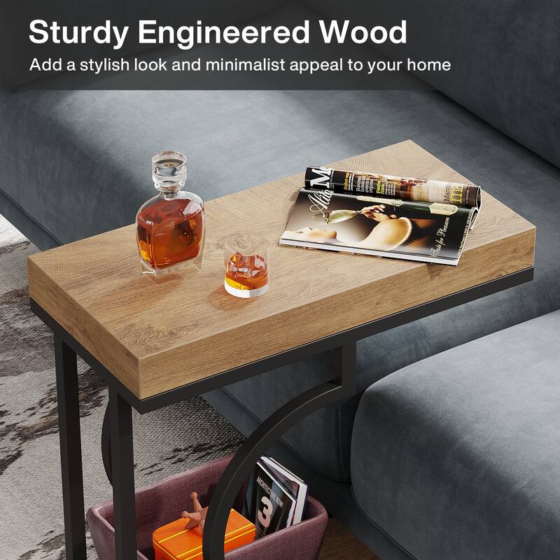 2 Tiers C Shaped Narrow End Chairside Table for Living Room