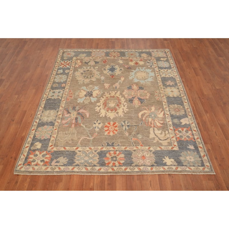 Hand Knotted Oriental 100% Wool Carpet Transitional All-Over Brown Oushak Area Rug - 6' 8'' X 5' 3''