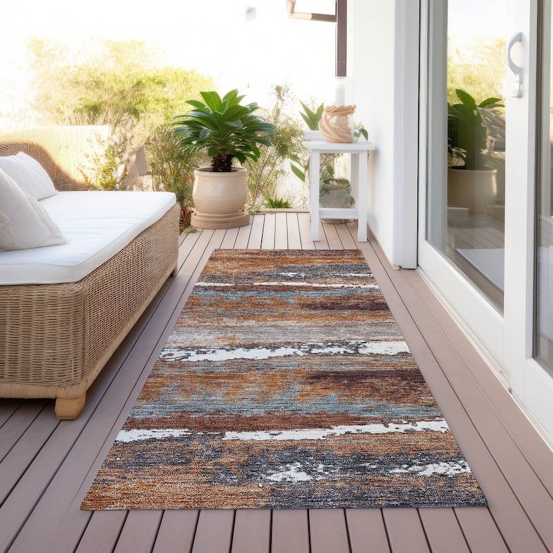 Machine Washable Indoor/ Outdoor Abstract Modern Chantille Rug - Copper - 2'3" x 7'6"
