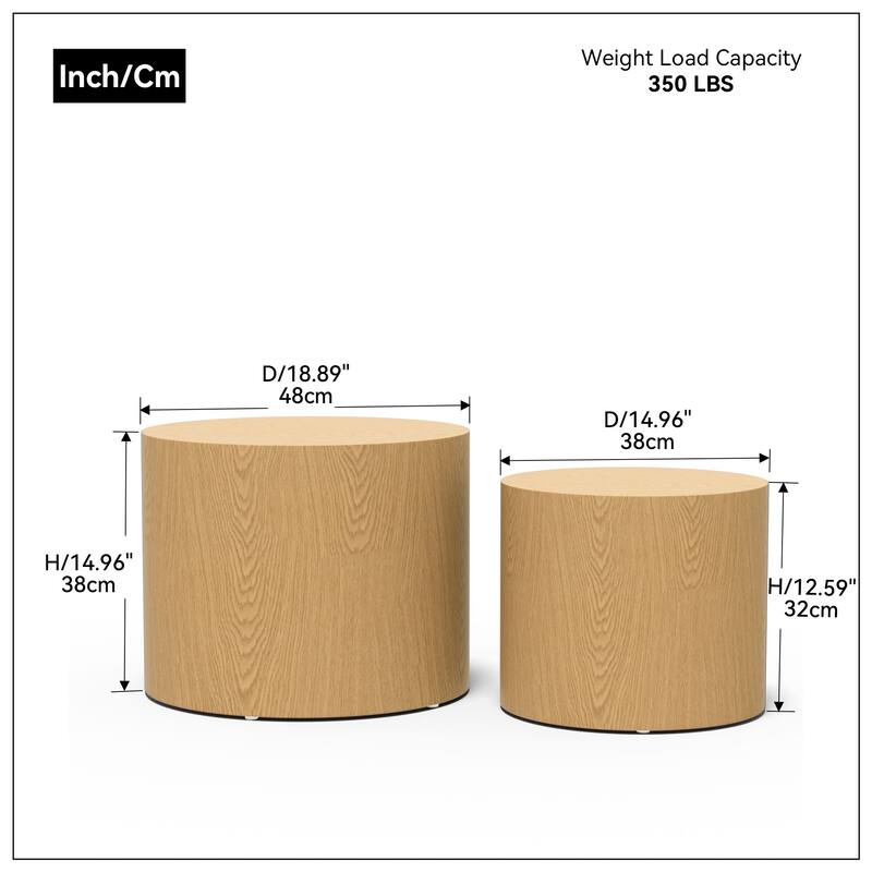 Nesting Coffee Table Set of 2 Minimalist Coffee Table with Wood Grain Veneer, Round Tea Table and End Table Set, for Living Room
