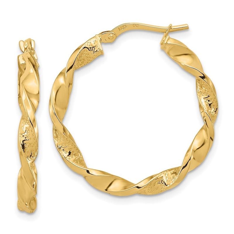 Curata 14k Yellow Gold Polished Textured Twisted Hoop Earrings - 27.88mm