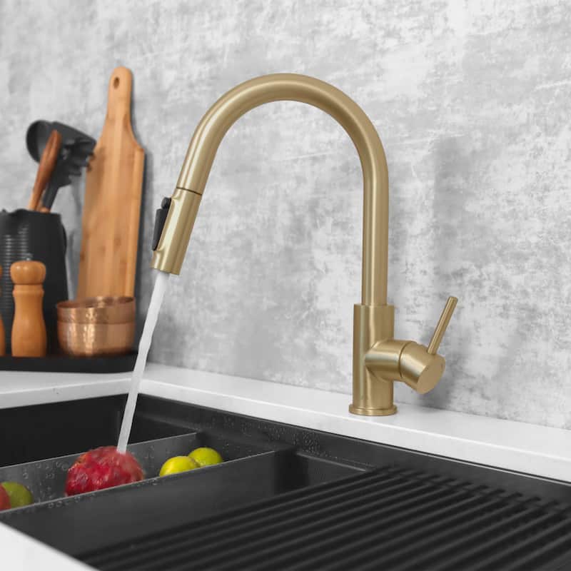 Modena Single Handle Brushed Gold Pull Down Kitchen Faucet with Reversible Osmosis - Brushed Gold