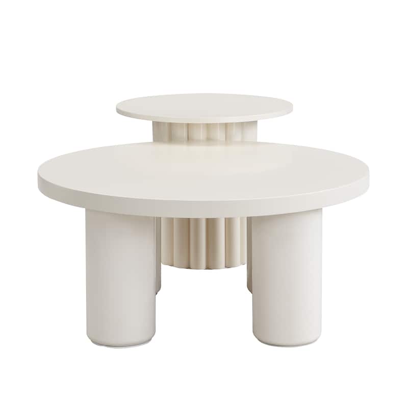 Modern Coffee Table Set of 2, Round Coffee Table with Cylindrical Leg Design and 1 End Table for Living Room