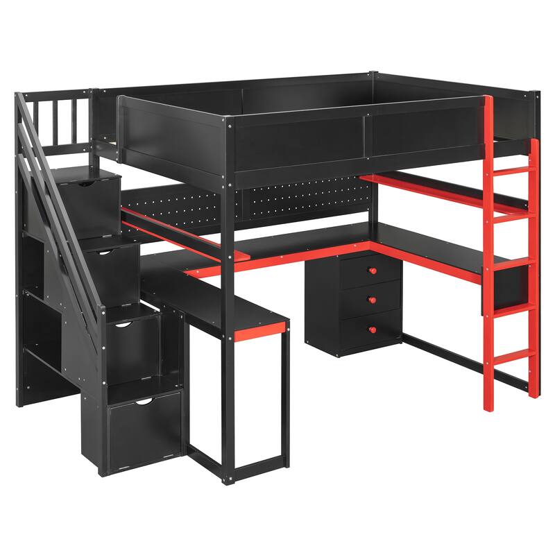 Roomfitters Full Size Gaming Loft Bed, Integrated Desk, Storage Stairs & Pegboard, Esports Inspired Sleeper System