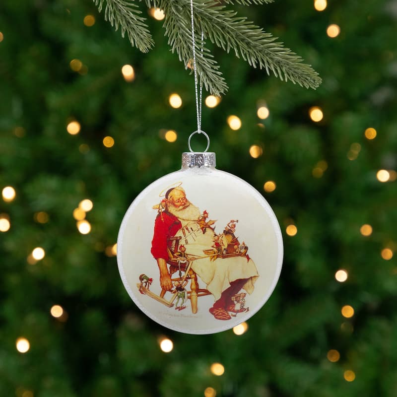 3" Norman Rockwell 'Santa His Helpers' Glass Christmas Disc Ornament