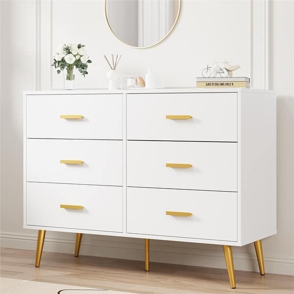 white and gold dresser for sale Modern 6-Drawer with Metal Handles, Wooden Storage Chest Bedroom, Living Room, bridal accessory