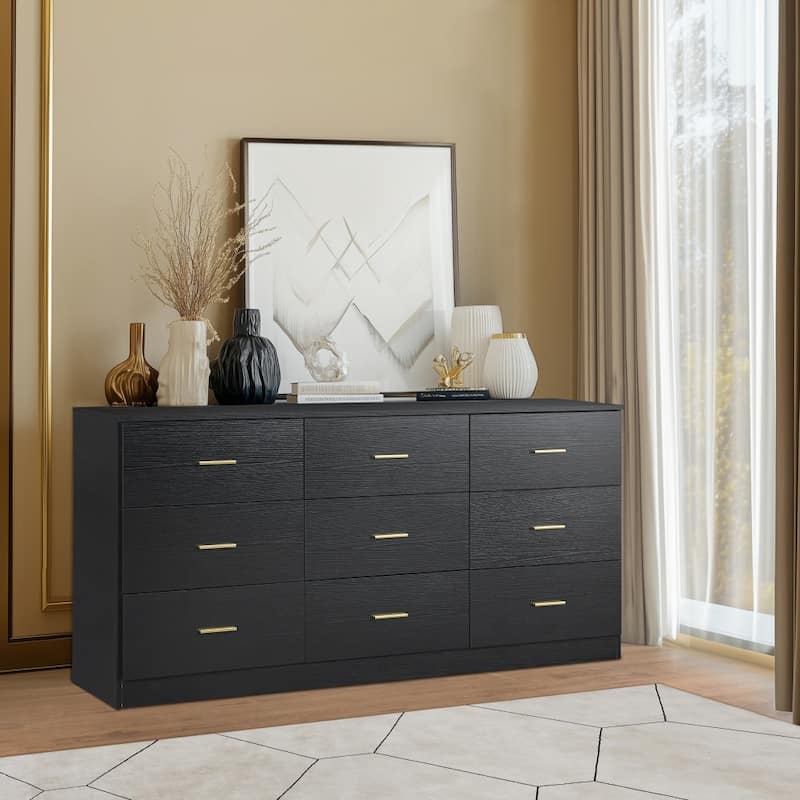 Contemporary 9-Drawer Wide Dresser – Wood Bedroom Storage Chest with Spacious Capacity, Sturdy & Child-Safe Design‌ - Black